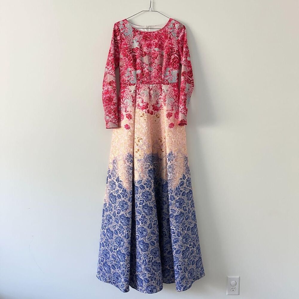Abstract Floral Brocade Ombre Long Sleeve Ball Gown Maxi Dress Pockets XS Small